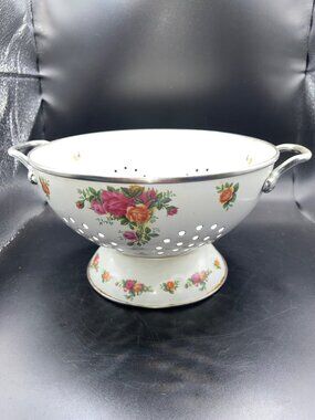 Old Country Rose Enamel Colander Handles Pedestal Base White/ Rose Pattern VTG